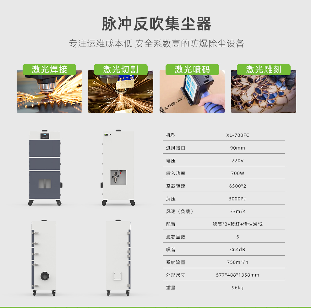 新氧器激烟净脉冲反吹集尘器可轻松处理激光焊接、激光清洗、激光切割过程中产生的烟尘。
